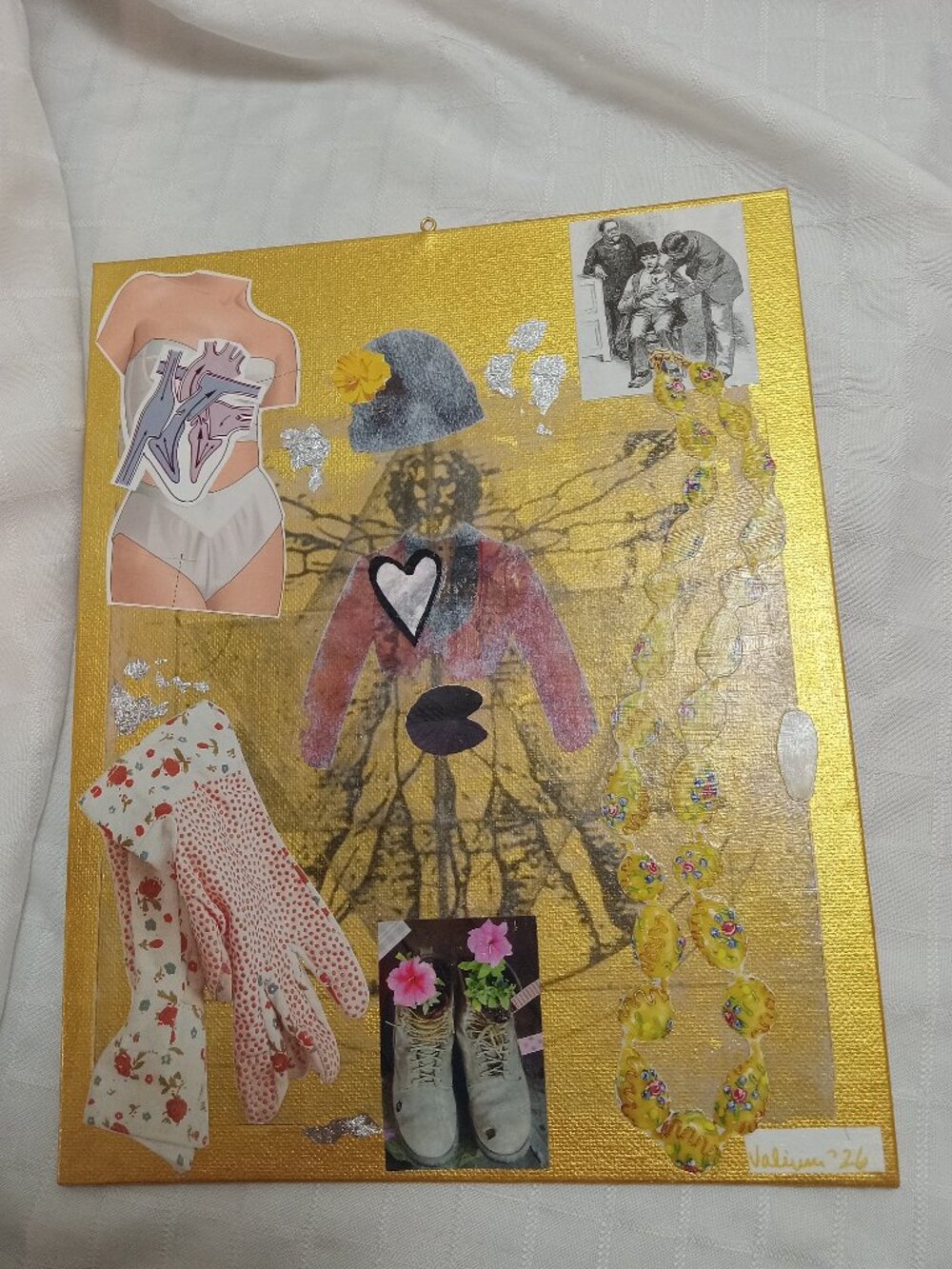 Prints of old magazines on canvas, gold paint, and mixed-media collages